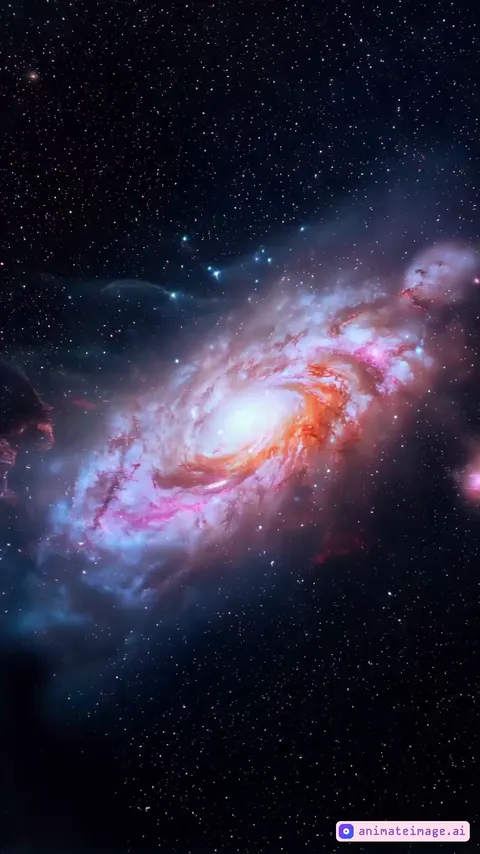 A breathtaking galactic scene with a majestic spiral galaxy swirling in deep space, glowing nebulae and twinkling stars creating a mystical cosmic atmosphere. Suddenly, the perspective shifts into an intense warp speed effect, with vibrant streaks of blue, pink, and purple light stretching infinitely. As the warp tunnel collapses, a stunning pastel-hued planet emerges, its ethereal glow reflecting against the cosmic backdrop, radiating an otherworldly serenity