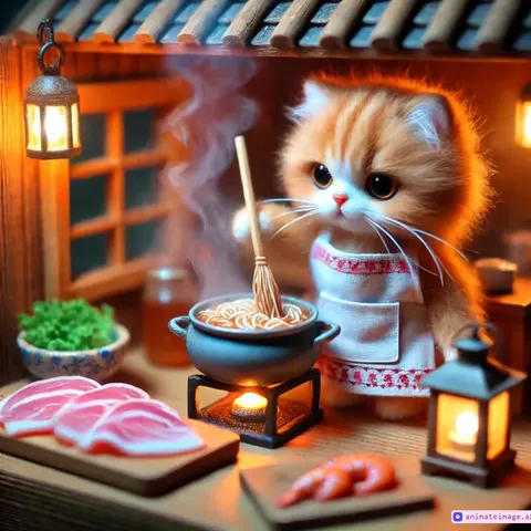A cat in a tiny apron stirs a steaming pot of ramen, thinly sliced pork belly and shrimp rest on a wooden board, and small lanterns sway gently under the eaves then the orange tabby cat in a striped apron serves a steaming bowl of ramen in a cozy miniature kitchen. It uses chopsticks to arrange noodles topped with pork belly, shrimp, and scallions. Lanterns sway gently overhead, casting a warm glow on the rustic counter. Steam rises from the dish, reflecting the cat’s focused dedication to presentation after we move to a cozy miniature bedroom scene features the same fluffy orange tabby cat curled up in bed after enjoying ramen. Wearing a tiny white apron with red embroidery, the cat rests on a soft futon with a tiny pillow. Nearby, a wooden table holds an empty ramen bowl with chopsticks. Warm lantern light and a moonlit window create a soft, comforting atmosphere, as the cat, eyes half-closed, looks content and sleepy.