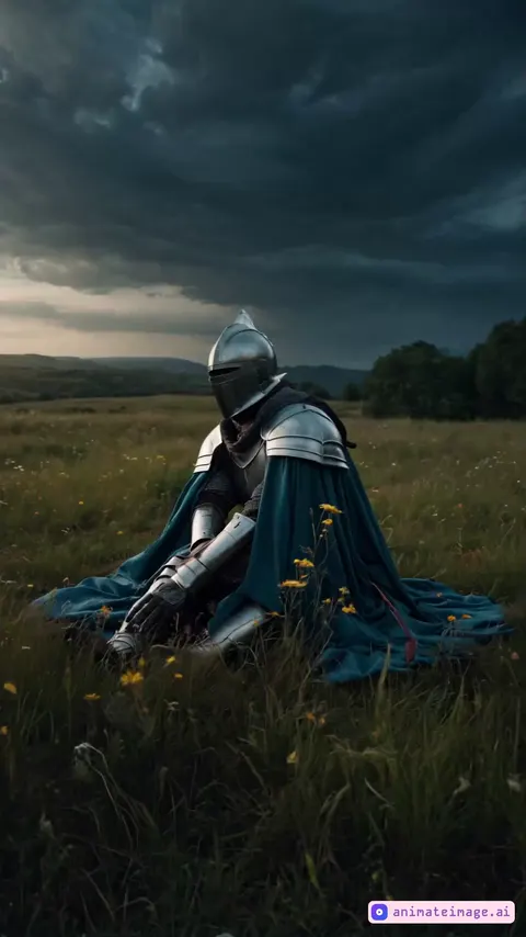 Knight slowly lying down on a meadow
