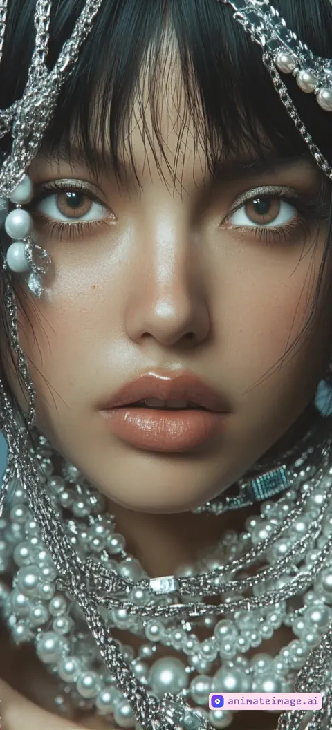 An intimate walking portrait of the women with luminous, opalescent fabric draped elegantly over her shoulders, shimmering softly like mother-of-pearl. Her striking skin glows under the golden light of a sunset, highlighting every detail of her strong, regal features--defined cheekbones, a graceful jawline, and piercing eyes that exude mystery and depth. Her flowing hair frames her face in elegant, seaweed-like strands, catching the warm hues of white light. The soft, radiant light enhances the ethereal quality of her presence, creating a mesmerizing contrast between his cold, pale complexion and the warm tones of the setting sun