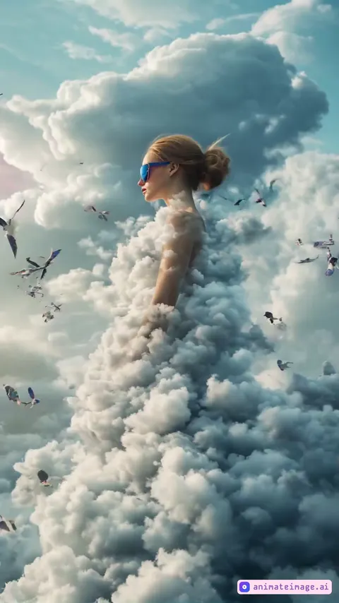 Full length image of an ethereal woman blending into the clouds, her face partially visible, she is wearing brightly coloured sunglasses that stand out against the surreal scene, clouds swirl around her and the sky fills with birds, the sunglasses act as a key visual element, modern fantasy style, cinematic wide frame, editorial look, surreal atmosphere of brand advertising. Slow motion,the camera is stationary