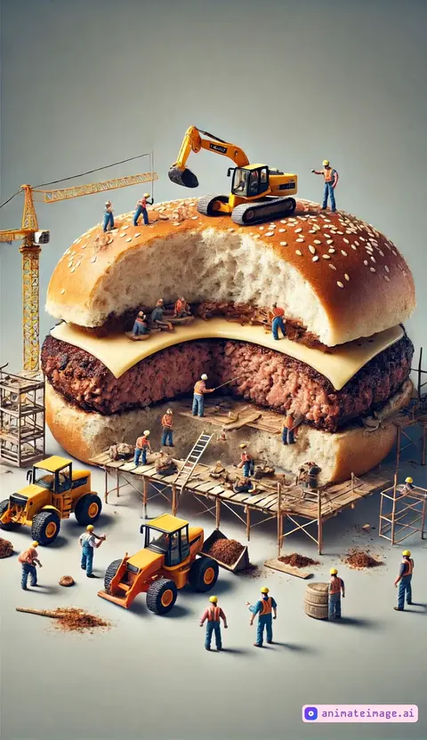 “A cinematic, hyper-realistic vertical scene showing a giant hamburger under intense construction. Tiny, highly detailed construction workers are working in a fast-paced, coordinated effort. Some are on scaffolding and ladders, others are operating miniature cranes and forklifts, placing vibrant toppings like fresh lettuce, thick tomato slices, and crisp onion rings onto the sizzling beef patty. The atmosphere is dynamic and busy—workers are shouting directions, lifting ingredients, and organizing tools. Steam rises from the burger, lights shine down like a movie set, and every detail—from the sesame seeds to the sweat on the workers—adds to the realism. The