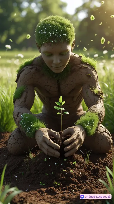 Man planting a plant and patting the mud