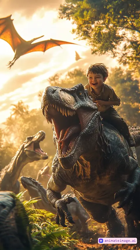 flying bird is moving left away from camera view, rider and velociraptor are moving left, camera zoom out pans left