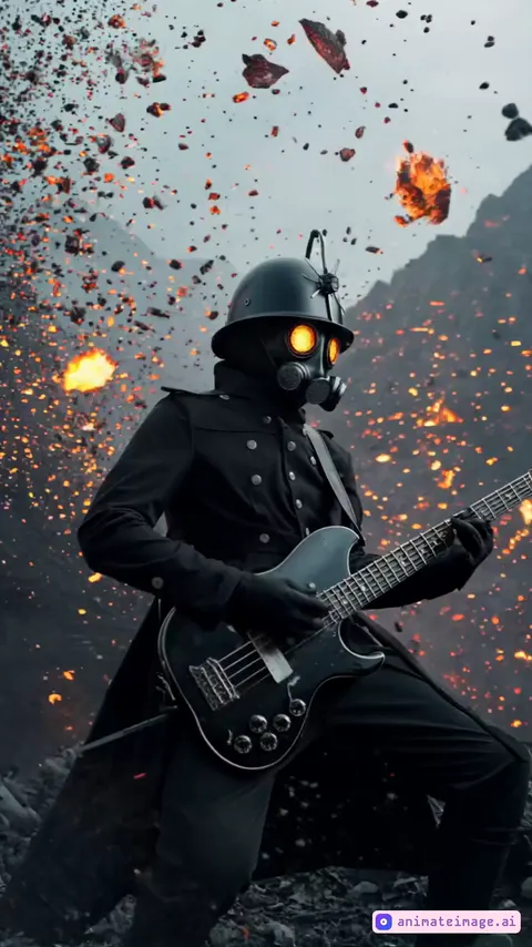 A bassist playing guitar bass. The stones and topaz shards floating around him. His eyes glow yellow lights