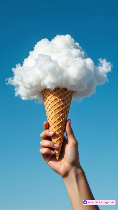 Animate a hand holding a waffle ice cream cone against a clear blue sky, with a fluffy white cloud sitting on top of the cone like ice cream. The cloud rotates slowly and smoothly in a circular motion, maintaining its shape while gently swirling, as if caught in a soft breeze. The hand remains steady, and the blue sky in the background stays vibrant and unchanged. Use a close-up camera angle to focus on the rotating cloud and the texture of the cone. Keep the original colors and details