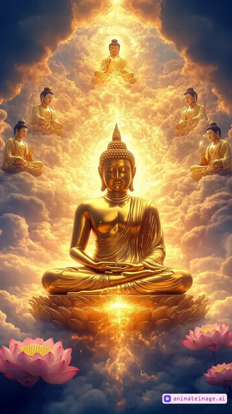 the camera rotates around the subject,Create a high-quality, cinematic animation. The light surrounding the Buddha statue gently pulsates, radiating a divine golden glow. The lotus flowers sway naturally with a soft breeze, adding a sense of tranquility. Beneath the Buddha, golden energy flows outward in smooth, mesmerizing waves, enhancing the mystical atmosphere. The surrounding clouds drift subtly, creating a dreamlike effect. Tiny glowing particles float through the air, shimmering softly to evoke a sacred, otherworldly presence. Ensure ultra-high resolution, smooth transitions, and realistic motion for a visually stunning and immersive experience.