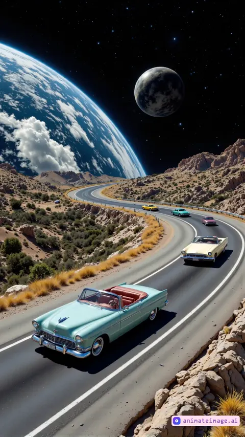 Animate a retro road trip on a winding highway in a surreal desert with rocky terrain. Feature 1950s convertible cars (mint green, yellow, pink) cruising in a line, led by a mint green car. Show a massive Earth-like planet and a smaller moon in a starry sky. Capture the cars' motion, with dust trails and swaying desert grass. Use soft, ethereal lighting for a dreamlike mood.Duration: 10 seconds, 24 FPS. Style: Cinematic, surreal. Camera: Wide shot, then zoom to follow the lead car, panning to show the convoy and cosmic backdrop.