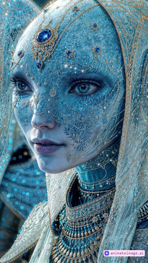 ALIEN GODDESS MOVING FACES WITH KINDLY EXPRESSIONS. EYE BLINKING. SINGING WITH MOUTH MOVEMENTS. THE CLOTHES AROUND THE FACE MOVE. CAMERA SLOWLY ROTATES AROUND THE CHARACTERS. CINEMATIC REALISTIC