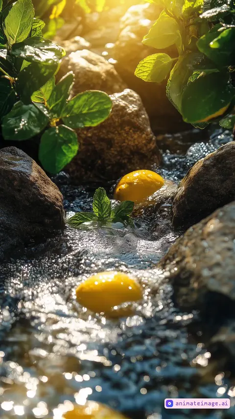 Lemons rolling downstream in flowing water