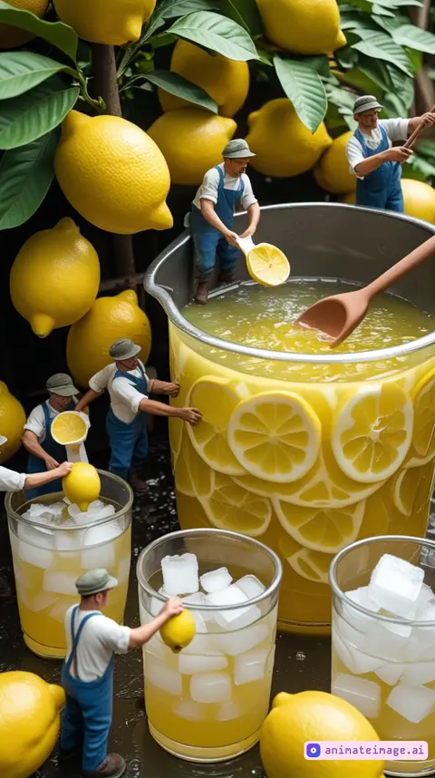 A group of tiny workers squeezing giant lemons, collecting the juice in barrels, and stirring an enormous pitcher of lemonade with oversized spoons. Others are placing sugar cubes and ice cubes into massive glasses.