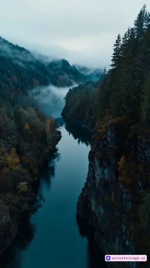 Drone glides over a misty river between valley cliffs