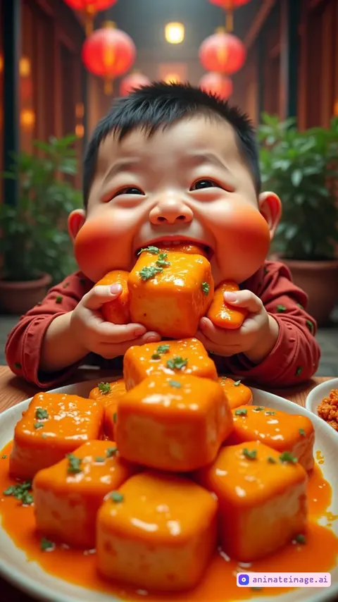 A close-up of an incredibly chubby Chinese boy with a face so round and puffy it looks like two enormous soft balls squished together. His cheeks are impossibly plump, puffed out to the sides, nearly covering his tiny nose and eyes, which twinkle with delight. His shiny, rosy cheeks wobble as he grips a massive cube of tofu dripping in spicy, glossy orange sauce, the thick sauce smearing across his adorable triple chin and soft, dimpled cheeks. The table in front of him holds a towering mountain of tofu cubes, each glistening with flavorful sauce and sprinkled with fresh herbs. His small, pudgy fingers sink into the tofu as he takes another bite, sauce dripping down onto his chubby arms. The scene is set in a rustic, traditional Chinese courtyard, with vibrant red lanterns and lush green foliage adding warmth to the joyful moment. The boy’s round, bloated face radiates pure happiness, his cheeks jiggling with every movement as he savors the feast."