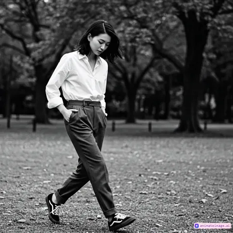 Woman walking, glancing around and fixing her hair