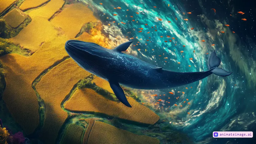 A ma,the camera follows the subject moving,gnificent whale gracefully swims through an endless golden wheat field, its massive tail sweeping the air like gentle waves. Swirling around it, schools of shimmering fish glide effortlessly, as if the sky and sea have merged into one. The wind roars across the landscape, making the golden stalks ripple like an ocean of light. Tiny glowing dust particles dance in the air, carried by the breeze, adding a sense of ethereal wonder. The atmosphere is a breathtaking fusion of surrealism and fantasy, evoking a dreamlike, awe-inspiring experience. High detail, ultra-realistic textures, cinematic lighting, and a mystical color palette.