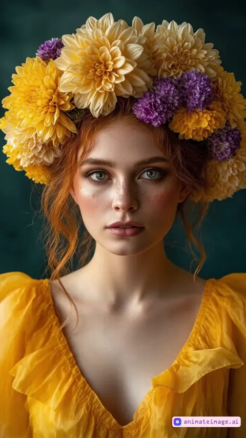 The model poses beautifully and femininely for the camera, her head and hands moving automatically correctly. She has a languid and misterious gaze, expressing calmness ans enjoyment of the warm sun breeze. A gentle breez stirs her hair and sways the flowers on her wreath. The camera very slowly and smoothly performs an orbital movemnent to the right. 8k resolution, very detailed and crisp.