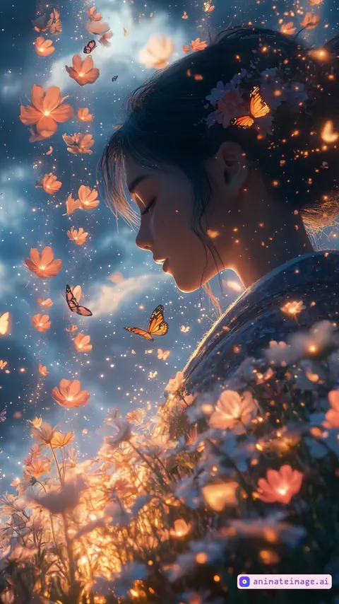 A Japanese girl gracefully walking through a magical field of flowers, with glowing petals gently falling around her, butterflies fluttering in the breeze, and sparkles drifting softly. Her movement is smooth and lifelike, as the breeze flows naturally through the scene. Ultra-realistic with fluid motion