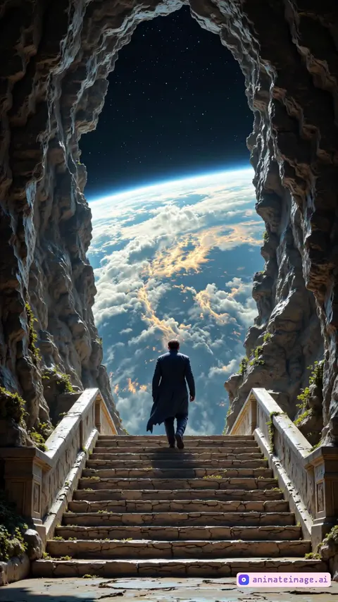 "Animate a surreal scene where a man in a long, dark coat slowly walks up an ancient stone staircase inside a cave, approaching a massive, arched opening. The staircase is flanked by weathered railings and surrounded by rugged cave walls with patches of moss. As the man ascends each step, his movements are deliberate and steady, his coat gently swaying with each step. Beyond the cave opening, a giant, photorealistic Earth looms in the starry night sky, slowly rotating to reveal its continents, oceans, and swirling clouds, with a soft glow illuminating its edge. The clouds on the Earth’s surface should drift subtly, reflecting the light of an unseen sun. The camera follows the man from behind, capturing his slow ascent while keeping the rotating Earth in view, creating a sense of wonder and anticipation. The overall animation should feel ethereal and majestic, emphasizing the contrast between the man’s small figure and the cosmic scale of the Earth