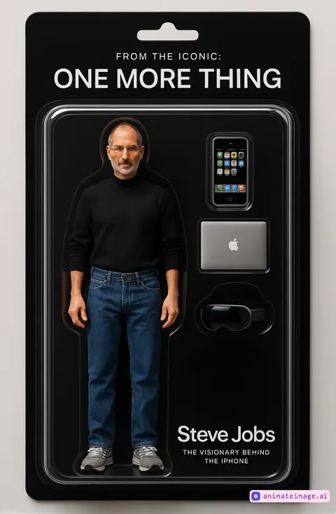 A close-up cinematic shot of a collector's hands carefully opening a high-end, matte black packaged action figure of Steve Jobs. The packaging reads “FROM THE ICONIC: ONE MORE THING.” The camera pans slowly as the clear plastic is peeled back, revealing a lifelike Steve Jobs figure in a black turtleneck, Levi’s jeans, and New Balance sneakers. Each accessory is removed in order: first, a tiny first-generation iPhone with a glowing screen; second, a silver MacBook with a glowing Apple logo; third, a stainless steel Apple Watch Series 10 with a natural titanium finish and Milanese Loop band, placed gently on the table. Finally, the collector lifts out a sleek Apple Vision Pro headset. The background is minimal and softly lit, with ambient music evoking innovation and nostalgia. Camera focuses on fingers handling the items with reverence, like precious artifacts. Subtle reflections and shadows enhance the realism.