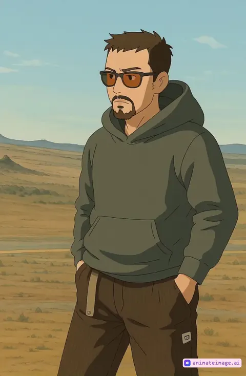 A peaceful, cinematic animation in the hand-drawn style of Studio Ghibli. A man stands in a wide, sunlit landscape of golden plains and distant blue hills. He wears a green hoodie, brown pants, and tinted sunglasses. His hands are in his pockets, and a soft wind moves his hair and hoodie slightly.

The animation begins with him gazing into the distance as small clouds drift across the sky. The light changes subtly, as if the sun has just passed through a thin cloud. Tall grasses sway gently around him. A bird flies high in the background, adding to the peaceful, expansive atmosphere.

The man blinks slowly, shifts his weight slightly, and breathes in the fresh air. The camera slowly pans or zooms out to show more of the vast terrain — a river, some scattered bushes, and layered mountains on the horizon.

No dialogue, just ambient nature sounds: wind, a few chirping insects, distant birds. The color palette is warm and natural, with soft gradients and hand-painted texture.

The scene should feel calm, grounded, and introspective — like a quiet moment from a Ghibli film where the character is connecting with nature or lost in thought.