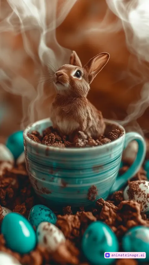 a real rabbit is sitting in a cup while it steams around it, it sniffs the air and looks around, its ears pointing to camera handheld camera device zooms in