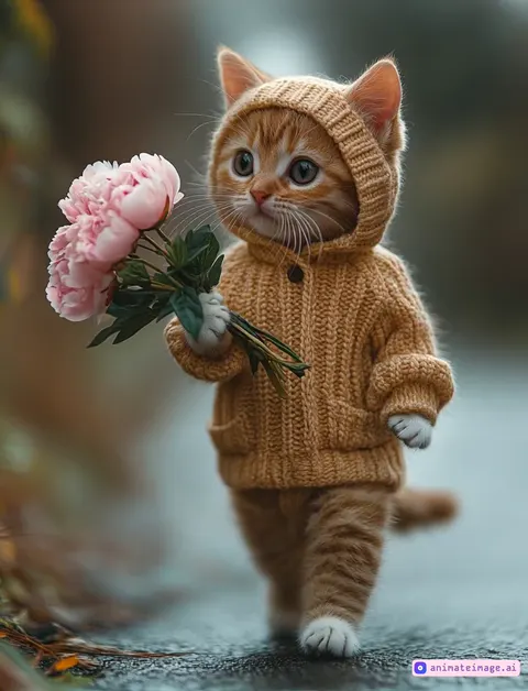 A very cute little cat in a summer babygirl dress skips joyfully, carefree and gracefully along the sunlit happily skips along the road, yellow mimosas swaying in her bouquet, dappled sunlight filtering through trees, the camera follows her movement.