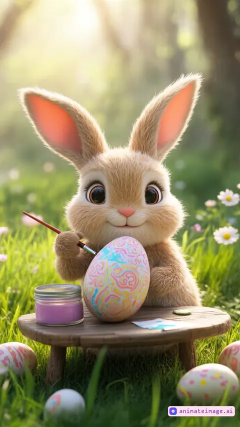 Animate the Easter bunny gently moving its paw as it carefully paints the egg. The paintbrush should lightly touch the egg, creating smooth strokes. The bunny's ears can twitch slightly, and its nose moves as it concentrates. The sunlight softly shifts, and a gentle breeze makes the grass and flowers sway.