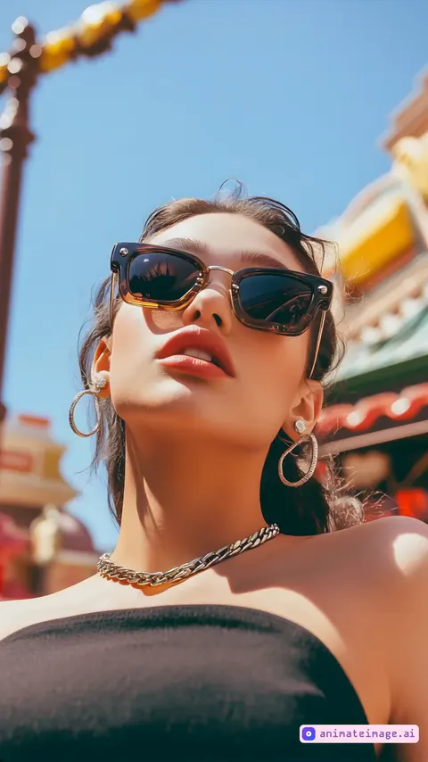 woman makes a nice face looking at the camera. camera rotates in a very smooth and stable movement.