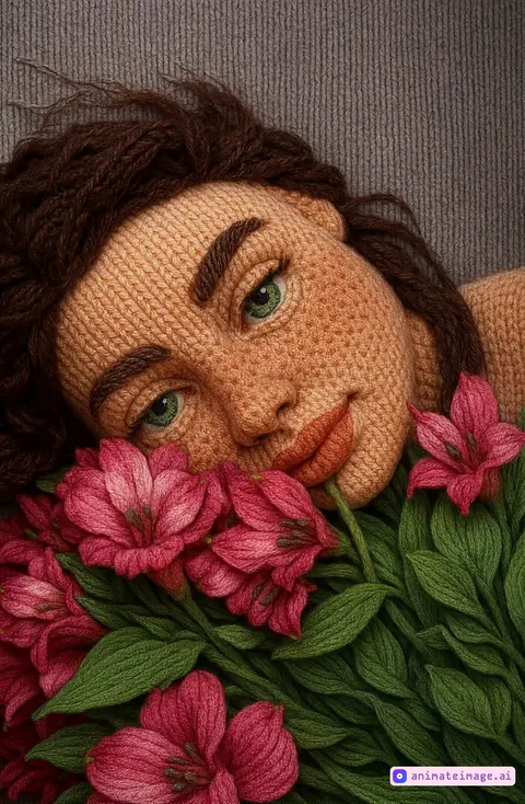 A hyper-realistic knitted doll with expressive green eyes and freckled skin lies among detailed pink knitted flowers and lush green yarn leaves. Her eyes gently blink, and she slowly turns her head just slightly to look directly into the camera, creating a soft emotional connection. Her breathing is subtle and lifelike, causing a delicate rise and fall in her chest and shoulders. The knitted flowers softly sway, as if touched by a light breeze, and a few strands of her knitted hair shift naturally. The lighting is warm and cinematic, enhancing the cozy, hand-crafted feel while keeping the yarn texture visible and detailed throughout the motion.