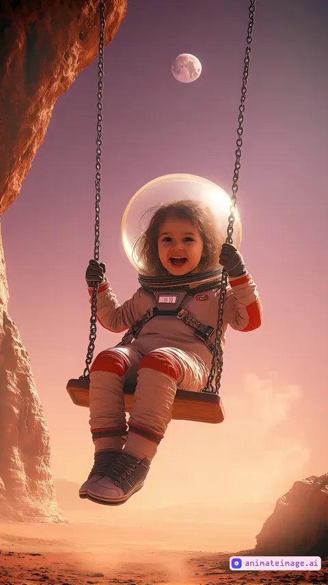 Realistic digital painting of a young woman swinging on a simple metal swing set under the open Martian sky. Her large transparent bubble helmet reveals a face full of joy as she kicks up dust with each arc. The swing's chains rattle against the crossbar in the thin atmosphere.In the background, we see a distant planet exploding into small pieces, a large fiery explosion.
