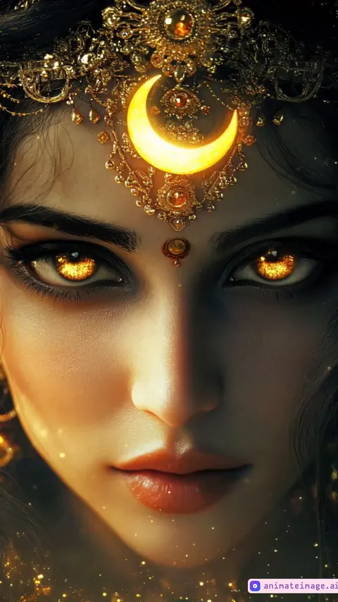 Maa Chandraghanta stands majestically on a stormy mountaintop, her crescent moon emblem glowing softly as she raises a flaming trident. Dark clouds swirl around her, parting to reveal starlit skies, her fierce gaze locked ahead while wind whips her battle robes. The camera slowly circles her divine form, highlighting intricate armor and celestial energy radiating from her weapon.