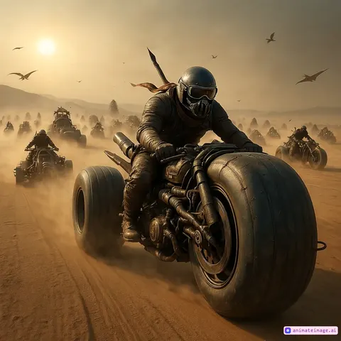 "Ultra-realistic CGI post-apocalyptic desert chase scene at sunset. A heavily armored biker wearing a helmet and goggles rides a massive custom motorcycle with oversized tires, speeding forward on dusty terrain. The camera tracks smoothly alongside the main biker in a close-up shot with intense motion blur on the wheels and background. Dozens of other war bikes and armored vehicles race behind him, kicking up clouds of sand. The sky is filled with flying pterodactyl-like creatures. Dynamic lighting: harsh sunlight casting long shadows, light reflecting off metallic surfaces, dust particles glowing in backlight, and subtle flickers of ambient light. High-speed action, cinematic lighting, epic Mad Max-style intensity."