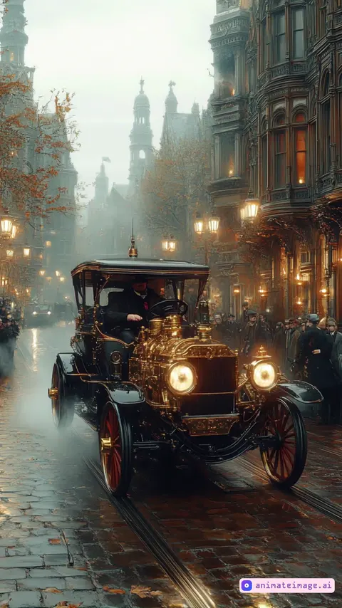 Steampunk car driving on Victorian London streets