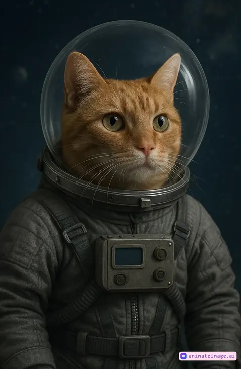Orange tabby cat in an astronaut suit floating in space
