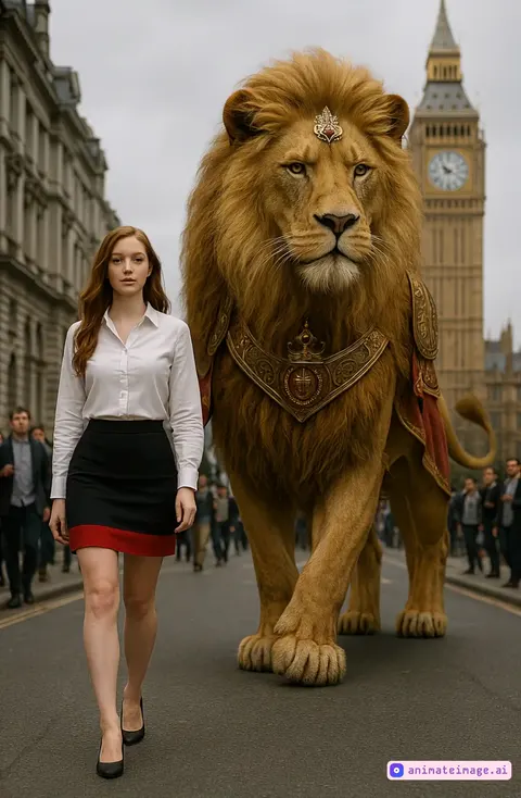 The woman walks elegantly through central London To her right, a colossal lion adorned with royal insignias and red velvet details walks with regal composure. The crowd watches in awe as both move forward slowly.