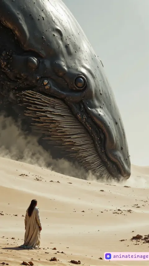 In a vast, arid desert with rolling sand dunes under a pale sky, a lone figure in a flowing beige robe stands on the sandy ground, facing an enormous, otherworldly whale-like creature emerging from the sand. The massive creature, with a sleek, dark, barnacle-covered body and baleen plates in its mouth, rises slowly, kicking up clouds of sand and dust as it moves. The figure's robe billows gently in the wind, and they take a few cautious steps backward, turning their head to glance at the creature. The whale-like being continues to rise, its eye glinting as it looms higher, creating a sense of awe and tension. The sand shifts and swirls around the creature's movement, with particles catching the light, while the figure's hair and robe ripple dynamically in the gusts of wind caused by the creature's emergence. The scene unfolds over 10 seconds, emphasizing the scale, motion, and surreal atmosphere.