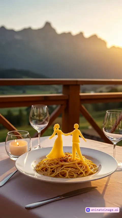 A beautifully set wooden table on a mountain terrace during sunset. A plate of spaghetti with artistic cheese sculptures of a dancing couple. Suddenly, the cheese figures come to life, gracefully waltzing on the spaghetti while the camera slowly moves around them. The warm golden light enhances the magical atmosphere as the wind gently blows in the background.