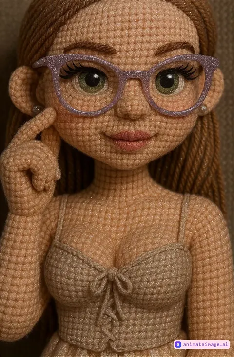 A hyper-realistic 3D crocheted amigurumi doll based on a real woman, wearing glittery lavender glasses and a shimmering satin dress. She gently adjusts her glasses with one hand, then softly blinks and gives a subtle, playful wink. Her head tilts slightly with lifelike movement, and a soft breeze causes gentle motion in her hair and parts of her dress. The background features floating golden dust particles and slowly pulsing dreamy bokeh lights, creating a magical, cinematic ambiance. Lighting reflects off the glittery threads in her knitted skin and clothing. The camera slowly zooms in on her expressive face. Highly detailed, vertical 9:16 frame, 5 seconds, 4K resolution.