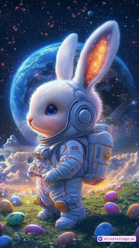 A little space rabbit turns back to the camera to gaze at Earth glowing in the cosmic distance, celestial stardust swirling around its paws as the camera steadily zooms outward, revealing expanding constellations and nebula hues across the starry canvas.