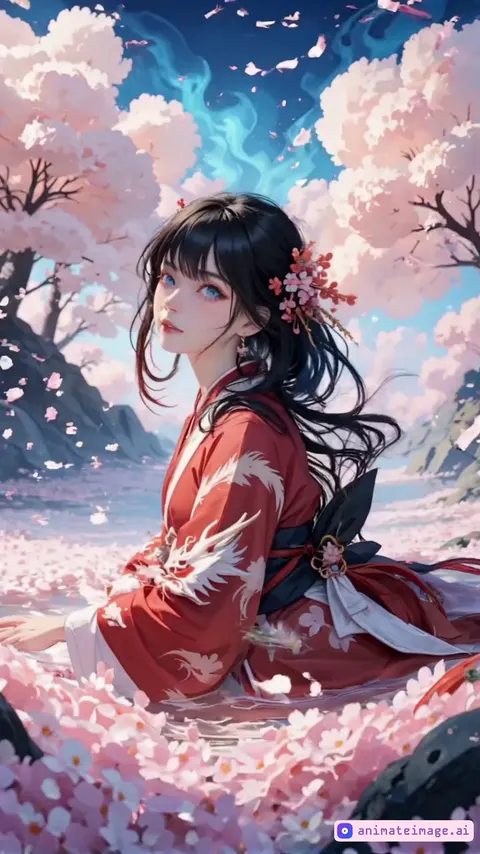 Shallow Depth of Field,soft light,peaceful,A gentle breeze blows as the cherry blossom tree sways softly. Cherry blossom petals drift gracefully through the air, creating a calm and poetic atmosphere.