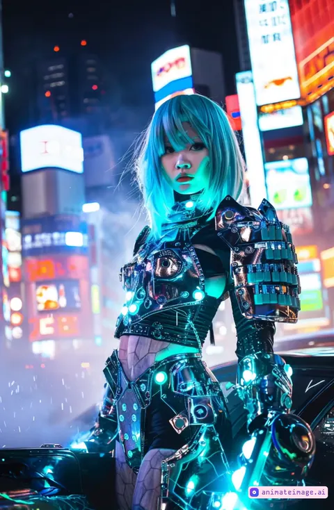 low angle view, camera rotates around the subject, model poses for the camera, looks to the camera, costume glows, neon signs glow pulsing, lively city lights, background glitches, cyberpunk stylized background, neon lights, volumetric lights, motion blur, depth of field, fashion, dynamic shot