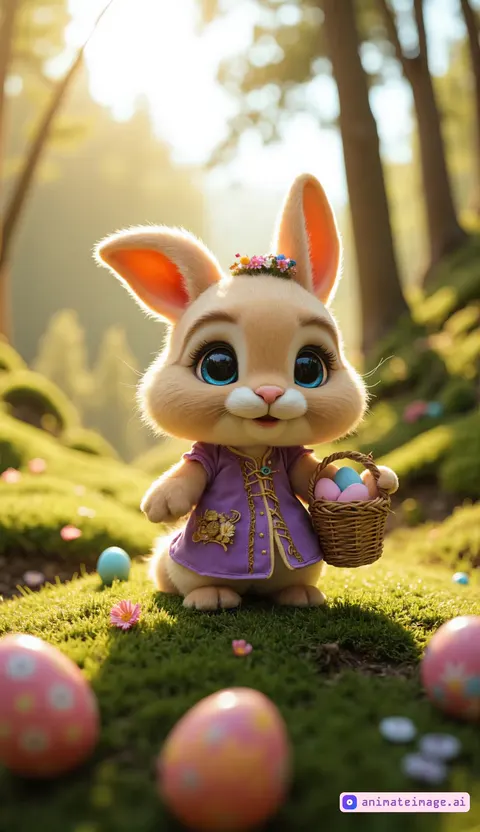 An adorable anthropomorphic Easter bunny with big eyes stands on a mossy patch in an enchanted forest. The bunny holds a woven basket filled with colorful, ornate Easter eggs. the bunny walking to the viewer and show the viewer the basket with all the Easter eggs.