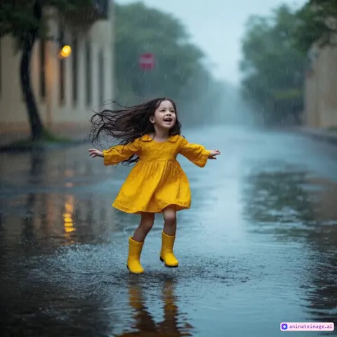 A girl dances wildly in the rain, puddles ripple outward across the rain-soaked street, raindrops burst upward in slow motion, the handheld camera sways dynamically, capturing every vivid splash and soaked strand of hair.