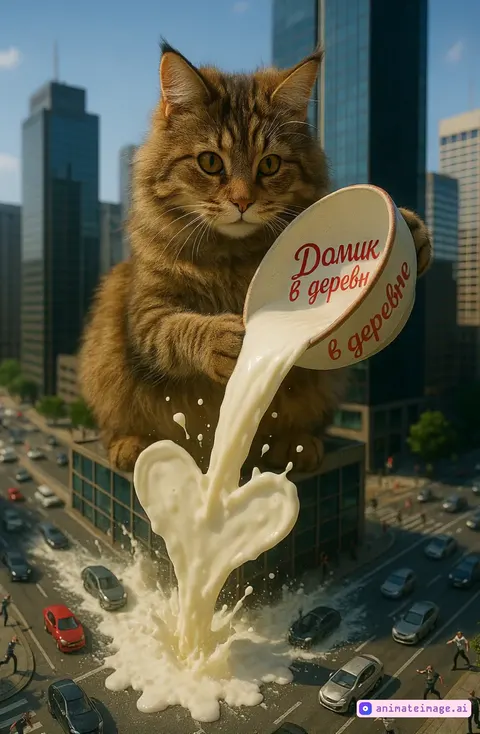 Ultra-realistic video, giant fluffy Maine Coon cat sitting on top of a glass skyscraper in a sunny modern city, tilting a giant ceramic bowl, pouring a massive waterfall of milk onto a highway below, cars sliding, people screaming and running, detailed fur, cinematic daylight, hyper-detailed, 8K, surreal disaster with playful tone, tilt-shift effect for scale. Cat looks cute and innocent, milk splashes look like hearts