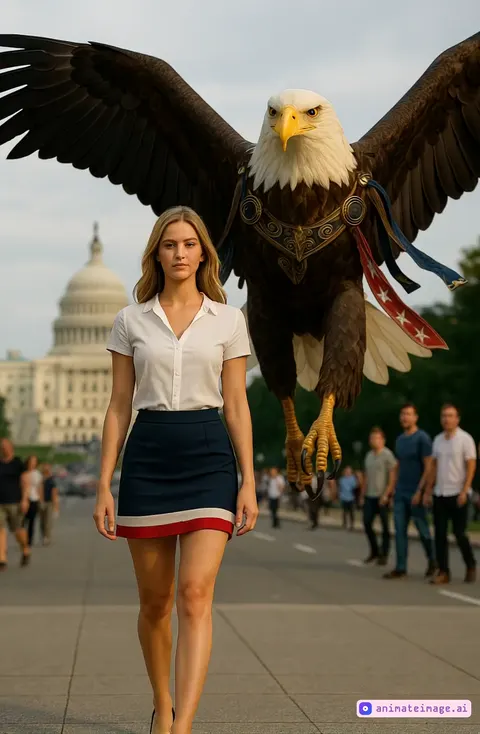 Woman walks as a bald eagle lands nearby
