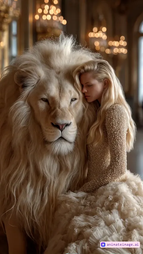 Slow arc of the camera as as the woman strokes the lions face with affection. the lion keeps looking at the camera