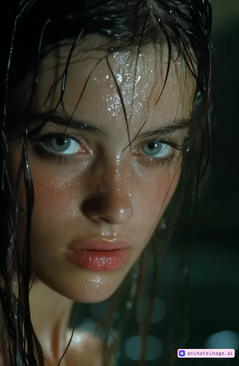 rotating camera around the woman. water drips slowly from her face in a natural way. she keeps looking at the camera.