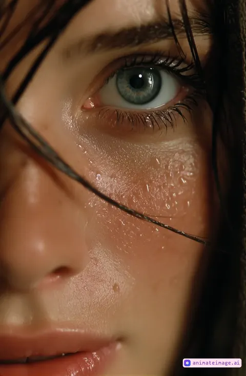 Camera moves very slowly towards her eyes as she closes and opens the eyes in slow motion. 