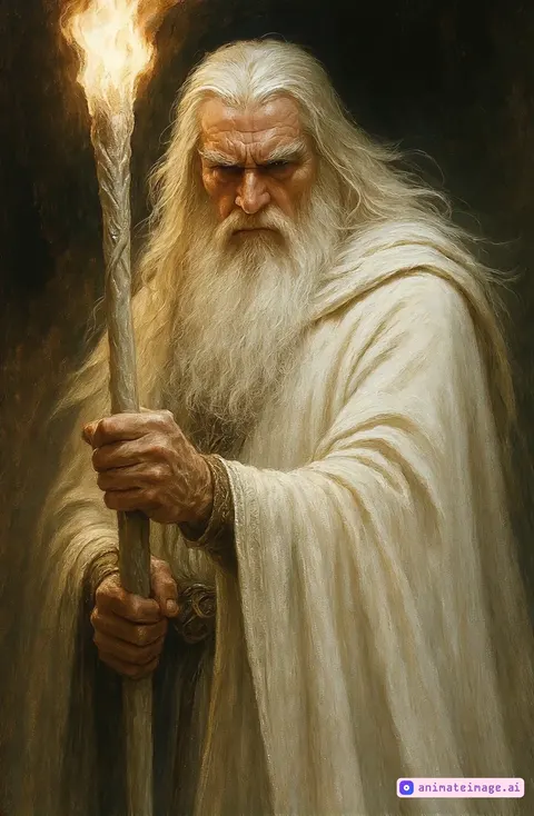 "A powerful ancient wizard in a flowing white robe stands in a dark, mystical cavern, gripping a glowing staff. His long silver hair and beard flow in the wind as magical energy pulses through the staff, casting light across his intense face. Embers float through the air as the wizard raises the staff slightly, causing the light to intensify. Ultra-realistic CGI, cinematic lighting, dark fantasy atmosphere, dramatic tone." ,handheld device filming