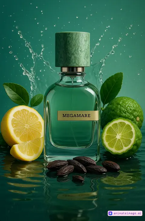Cinematic, slow motion video of a luxurious Megamare perfume bottle gently descending from the top center of the frame against a soft green-blue gradient background, the bottle swaying slightly to the sides. As the bottle approaches the surface, splashes of water rise and shoot out in all directions in an elegant, high-speed motion and the fruit around the bottle moves. The bottle is photorealistic with translucent green liquid, gold label and marble textured cap. All in a 9:16 aspect ratio, minimalistic composition, with reflective water surface below, soft lighting, dramatic atmosphere and crisp details. Perfect for luxury fragrance advertising. No text or branding is visible. High resolution. Realistic animation.